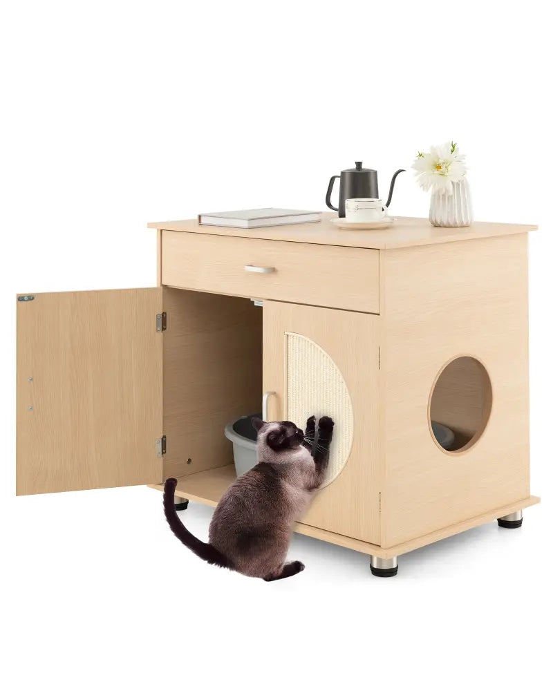 Cat Litter Box Enclosure with Sisal Scratching Doors and Storage-Natural - Natural - Cat Houses