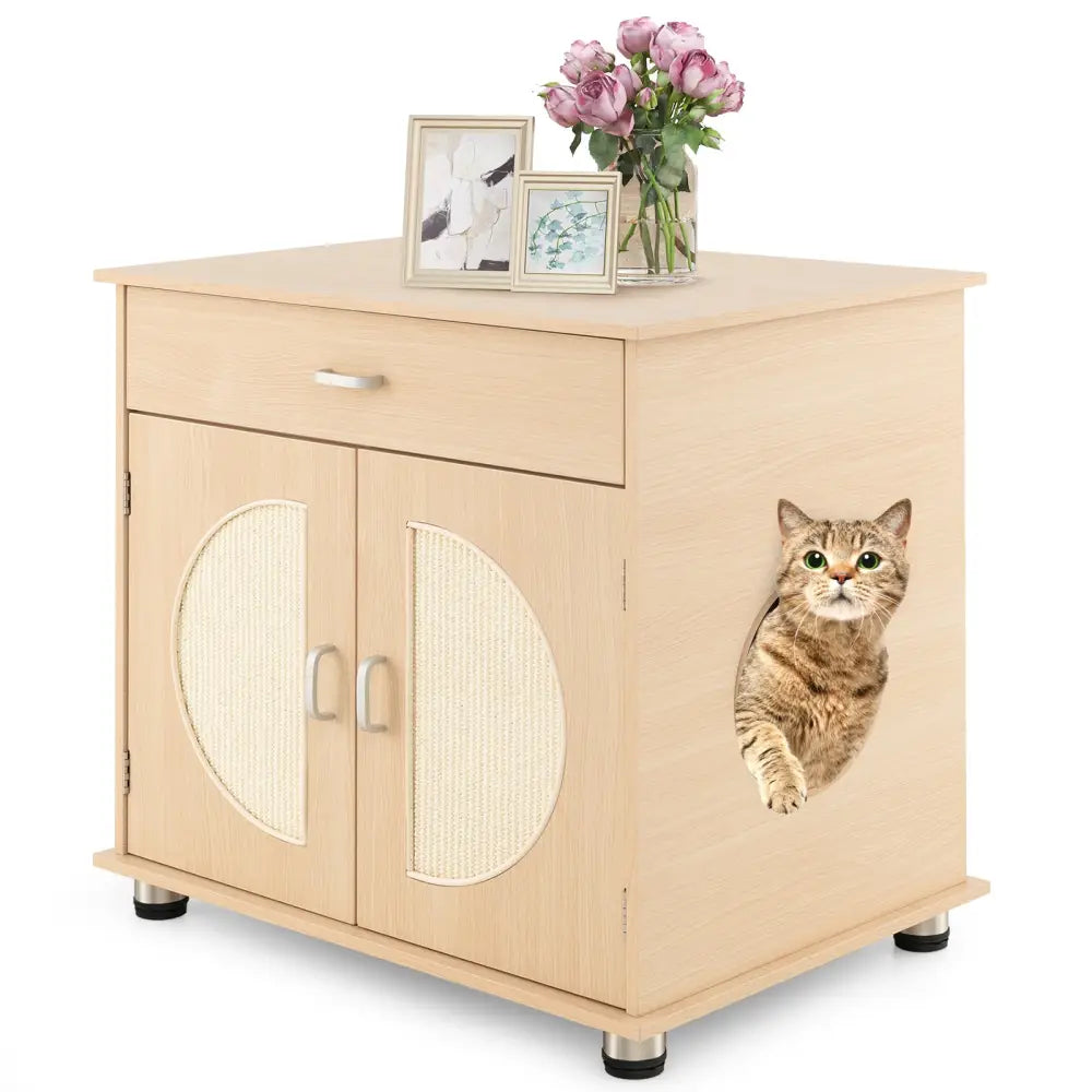 Cat Litter Box Enclosure with Sisal Scratching Doors and Storage-Natural - Natural - Cat Houses