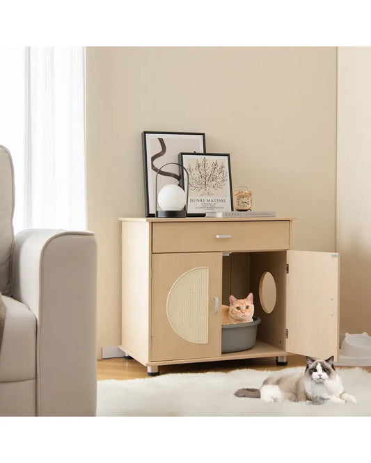 Cat Litter Box Enclosure with Sisal Scratching Doors and Storage-Natural - Natural - Cat Houses