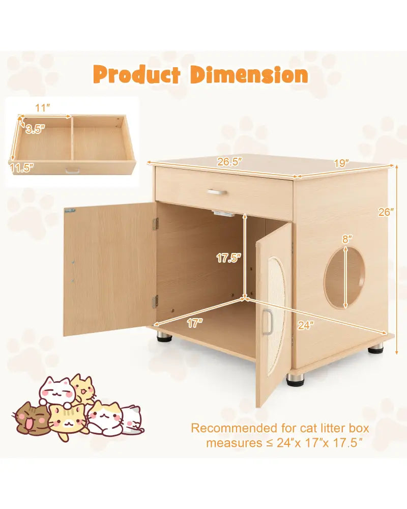 Cat Litter Box Enclosure with Sisal Scratching Doors and Storage-Natural - Natural - Cat Houses