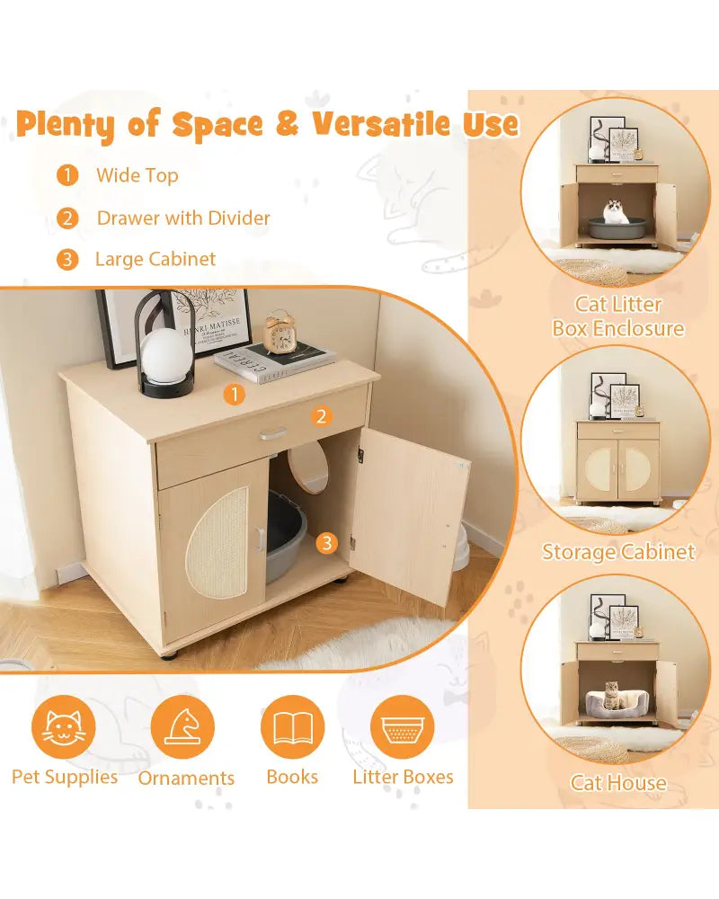 Cat Litter Box Enclosure with Sisal Scratching Doors and Storage-Natural - Natural - Cat Houses