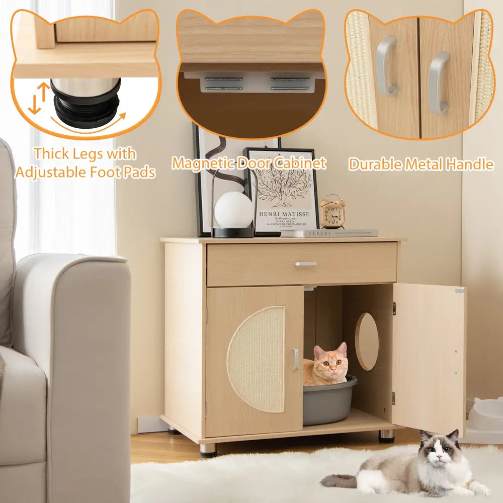 Cat Litter Box Enclosure with Sisal Scratching Doors and Storage-Natural - Natural - Cat Houses
