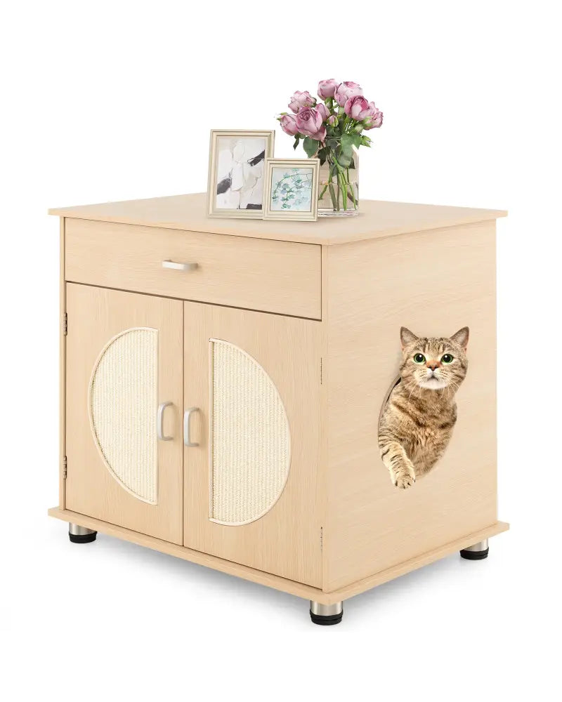 Cat Litter Box Enclosure with Sisal Scratching Doors and Storage-Natural - Natural - Cat Houses