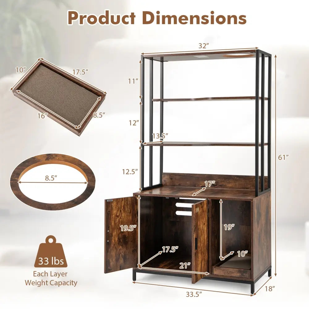 Cat Litter Box Enclosure with Storage and 3-tier Shelves-Rustic Brown - Rustic Brown - Cat Houses