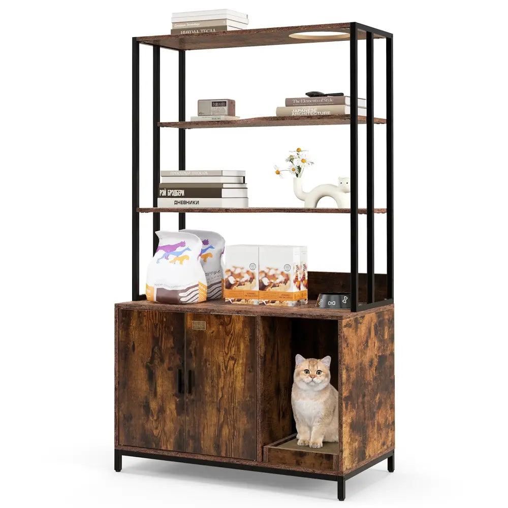 Cat Litter Box Enclosure with Storage and 3-tier Shelves-Rustic Brown - Rustic Brown - Cat Houses