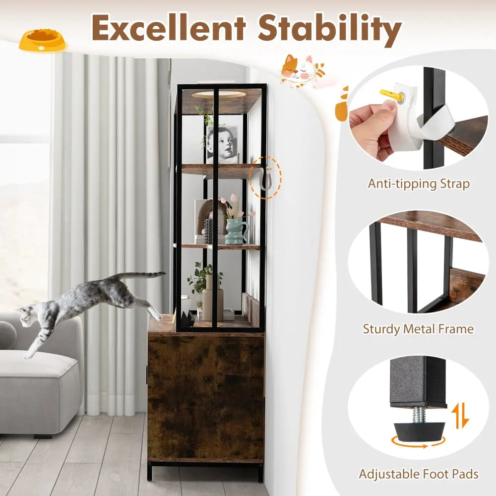 Cat Litter Box Enclosure with Storage and 3-tier Shelves-Rustic Brown - Rustic Brown - Cat Houses