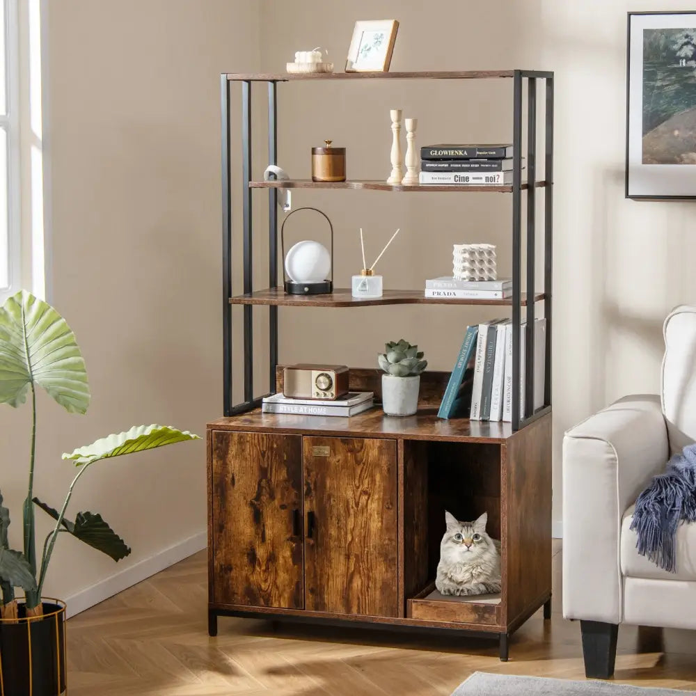 Cat Litter Box Enclosure with Storage and 3-tier Shelves-Rustic Brown - Rustic Brown - Cat Houses