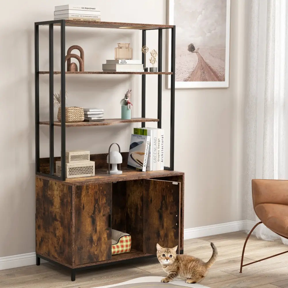 Cat Litter Box Enclosure with Storage and 3-tier Shelves-Rustic Brown - Rustic Brown - Cat Houses