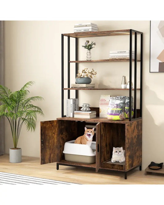 Cat Litter Box Enclosure with Storage and 3-tier Shelves-Rustic Brown - Rustic Brown - Cat Houses