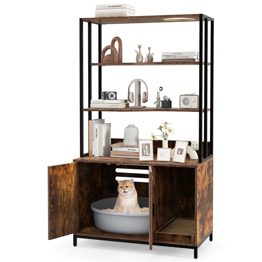Cat Litter Box Enclosure with Storage and 3-tier Shelves-Rustic Brown - Rustic Brown - Cat Houses