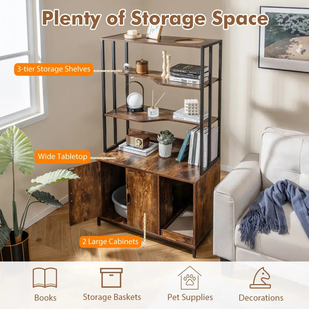 Cat Litter Box Enclosure with Storage and 3-tier Shelves-Rustic Brown - Rustic Brown - Cat Houses