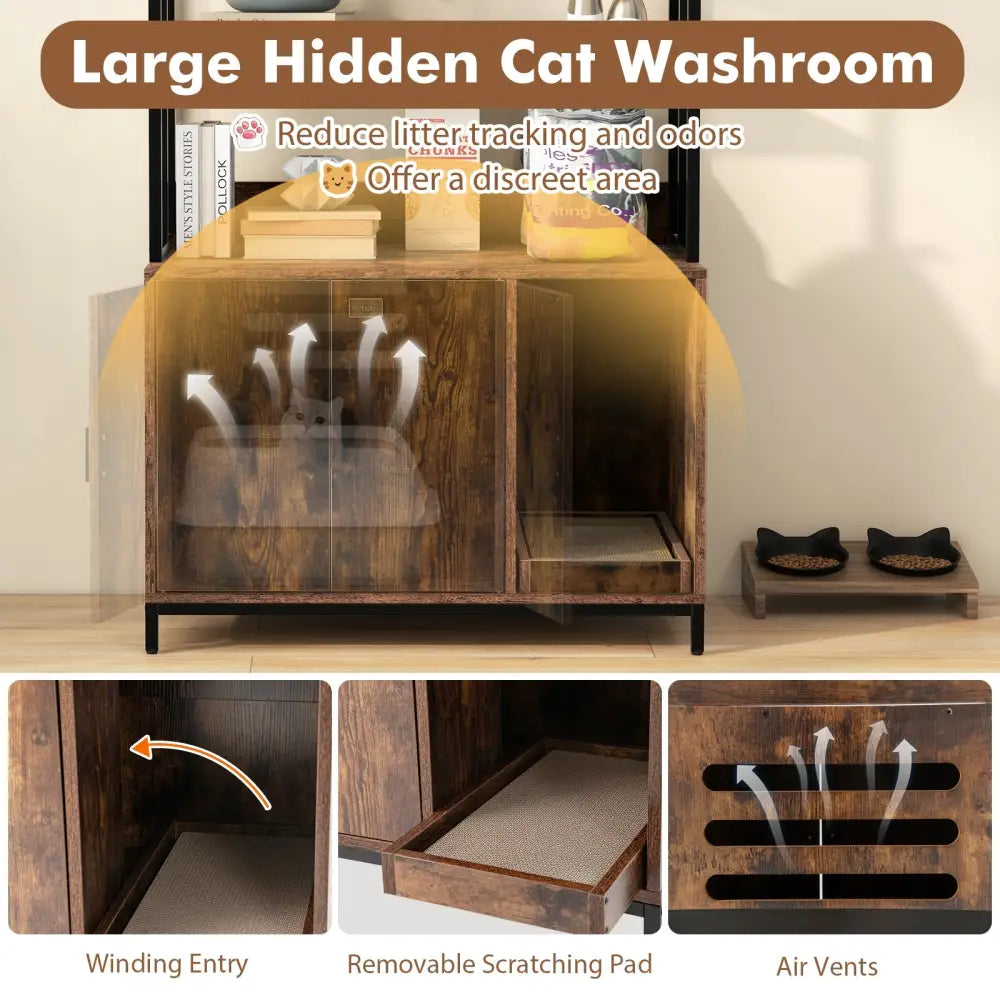 Cat Litter Box Enclosure with Storage and 3-tier Shelves-Rustic Brown - Rustic Brown - Cat Houses