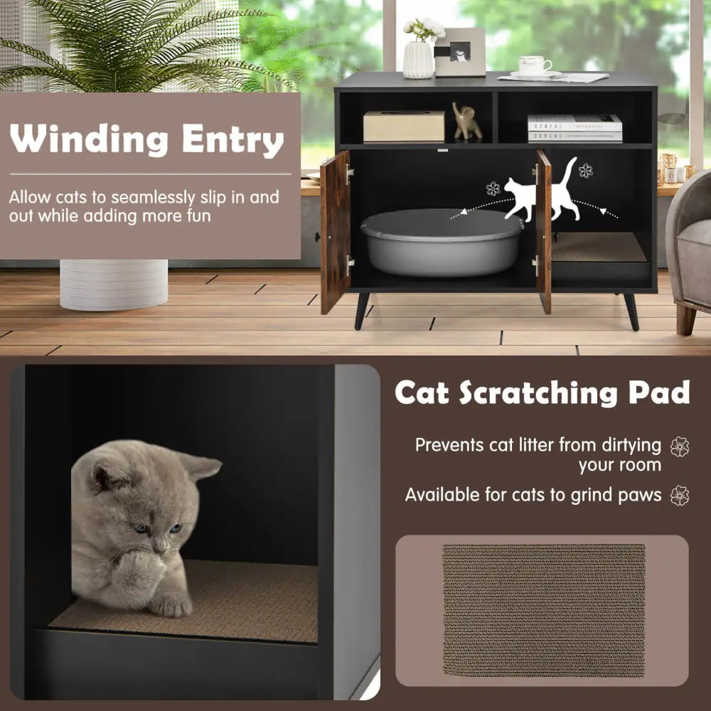 Cat Litter Box Enclosure with Storage Compartments and Pet Scratcher - Cat Houses