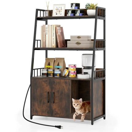 Cat Litter Box Enclosure with Storage Shelves and Scratching Pad-Rustic Brown - Rustic Brown - Cat Houses
