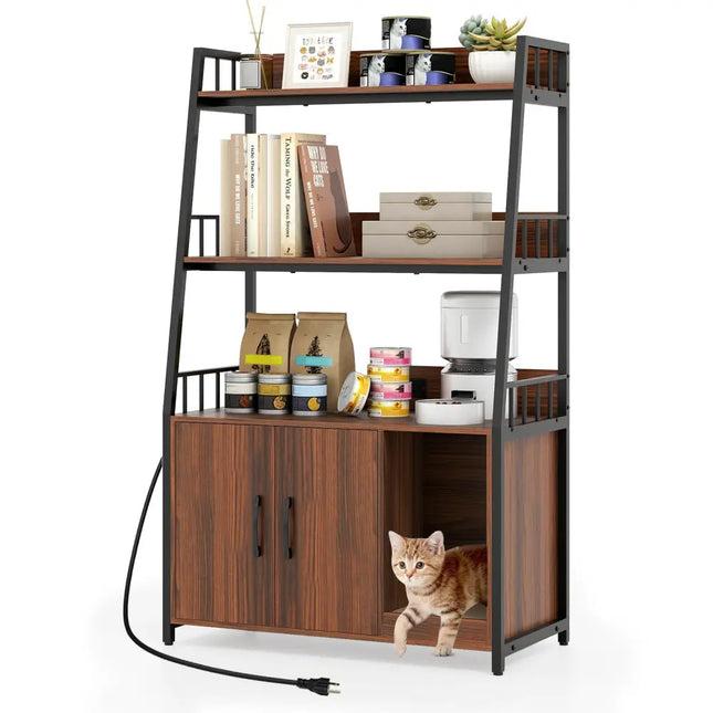 Cat Litter Box Enclosure with Storage Shelves and Scratching Pad - Walnut - Oasis Home Essentials