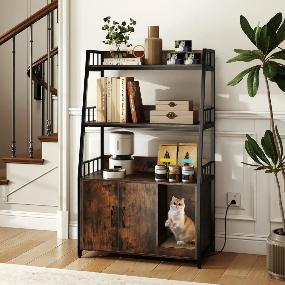 Cat Litter Box Enclosure with Storage Shelves and Scratching Pad-Rustic Brown - Rustic Brown - Cat Houses