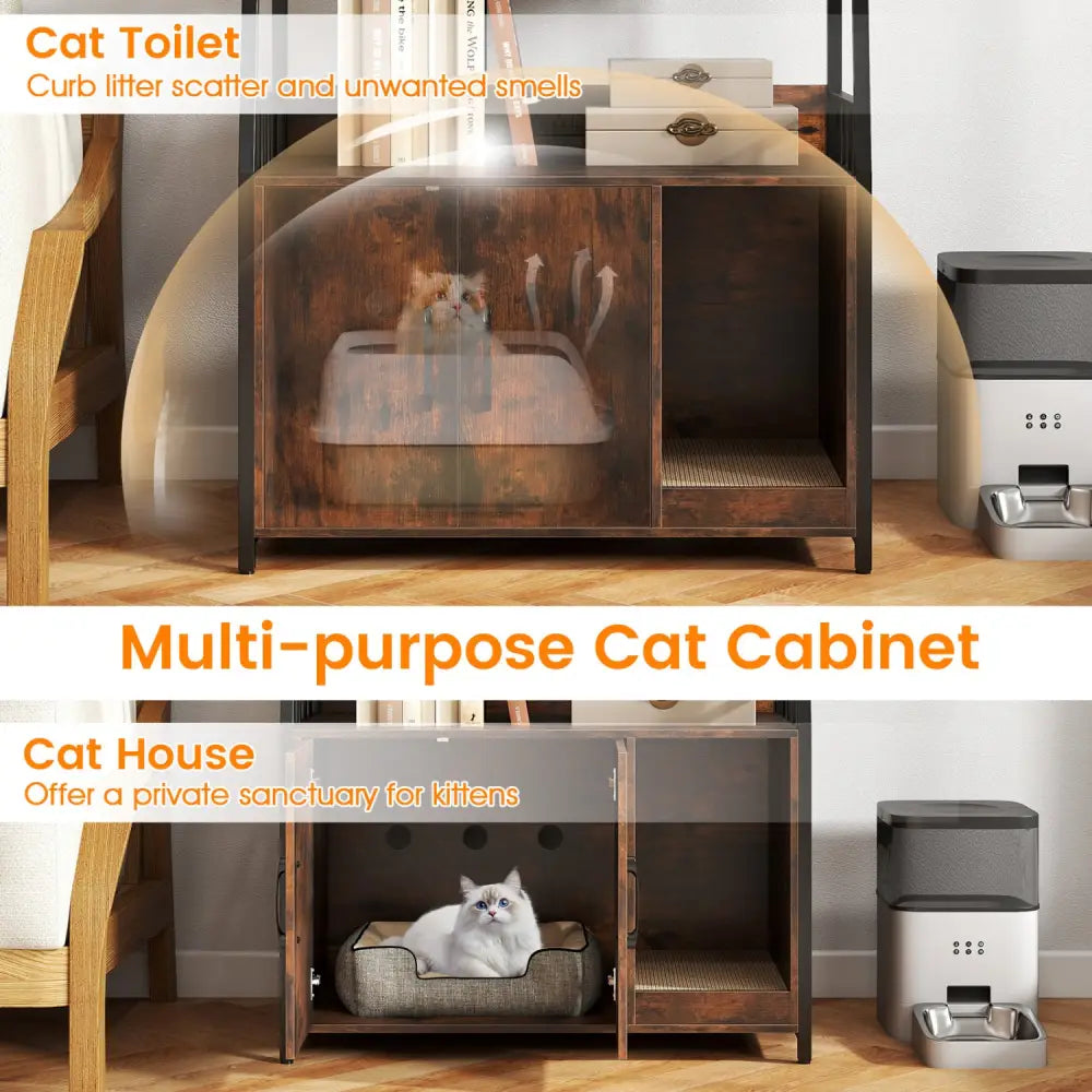 Cat Litter Box Enclosure with Storage Shelves and Scratching Pad-Rustic Brown - Rustic Brown - Cat Houses