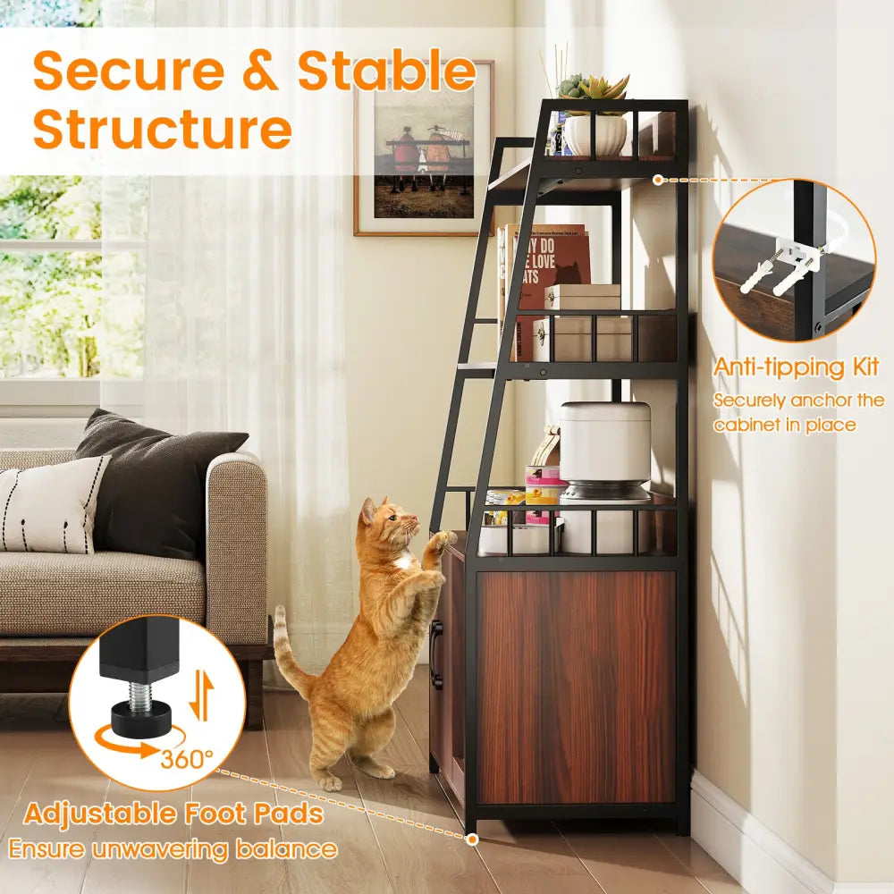 Cat Litter Box Enclosure with Storage Shelves and Scratching Pad-Walnut - Walnut - Cat Houses