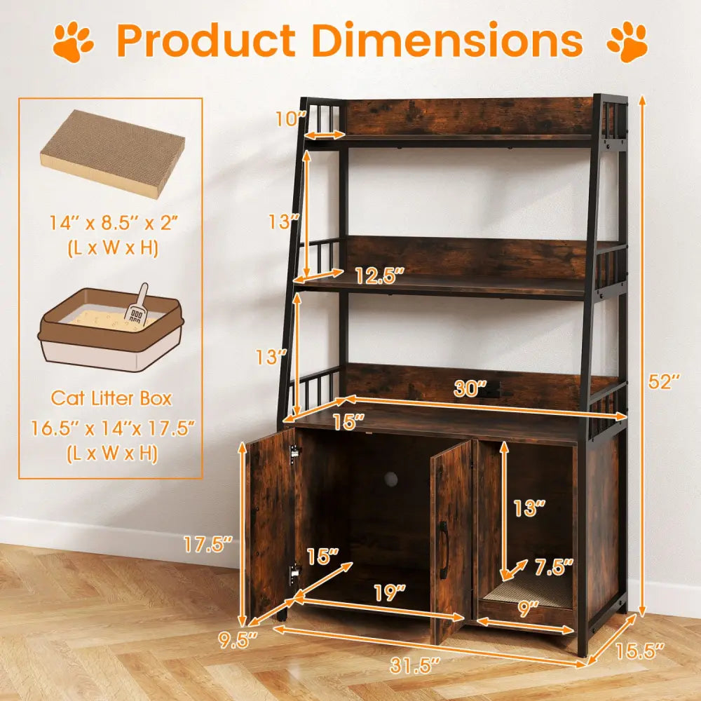 Cat Litter Box Enclosure with Storage Shelves and Scratching Pad-Rustic Brown - Rustic Brown - Cat Houses