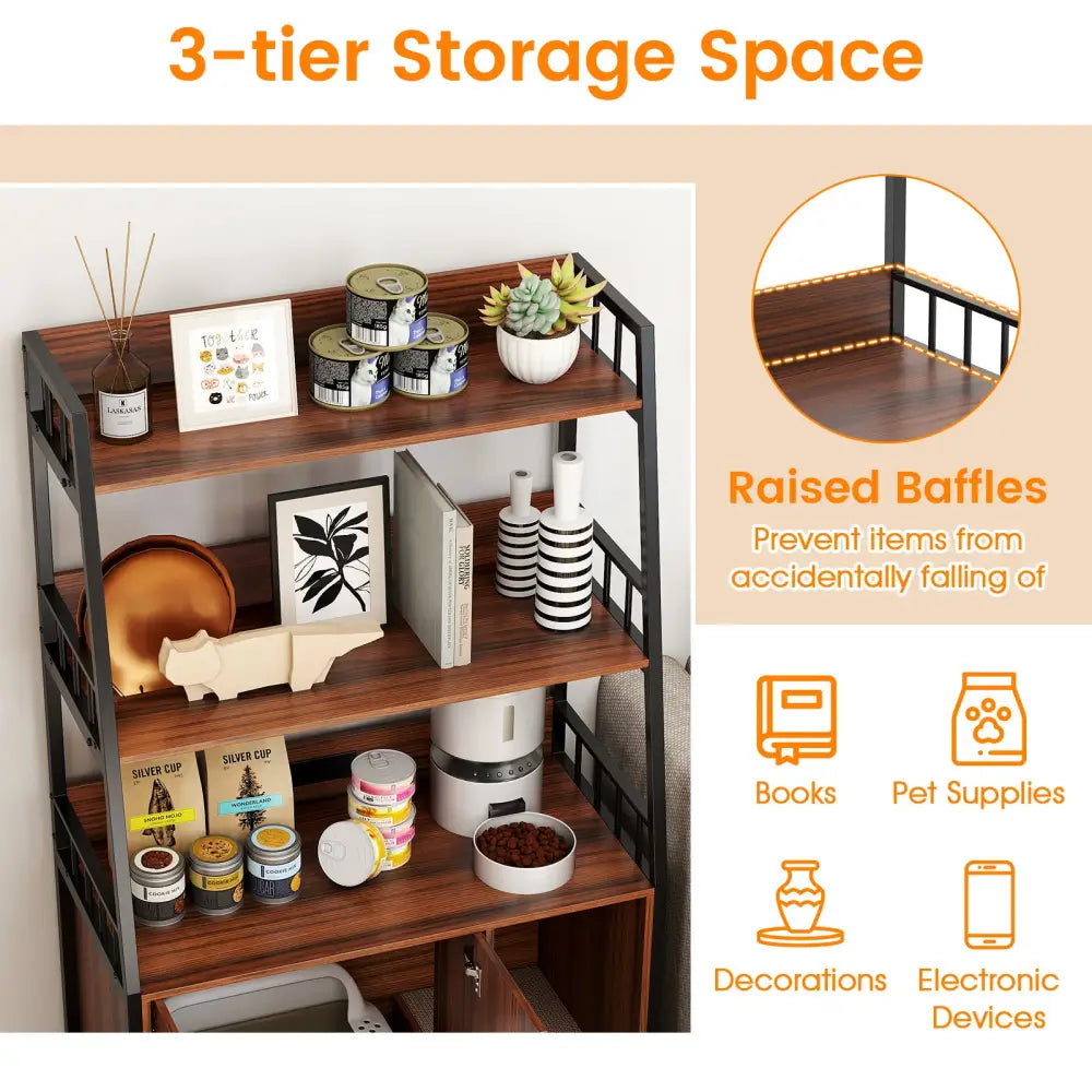 Cat Litter Box Enclosure with Storage Shelves and Scratching Pad-Walnut - Walnut - Cat Houses