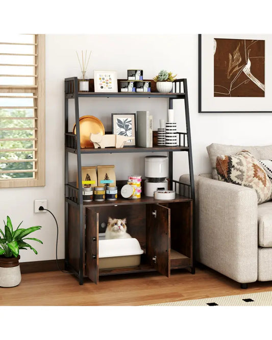 Cat Litter Box Enclosure with Storage Shelves and Scratching Pad-Rustic Brown - Rustic Brown - Cat Houses