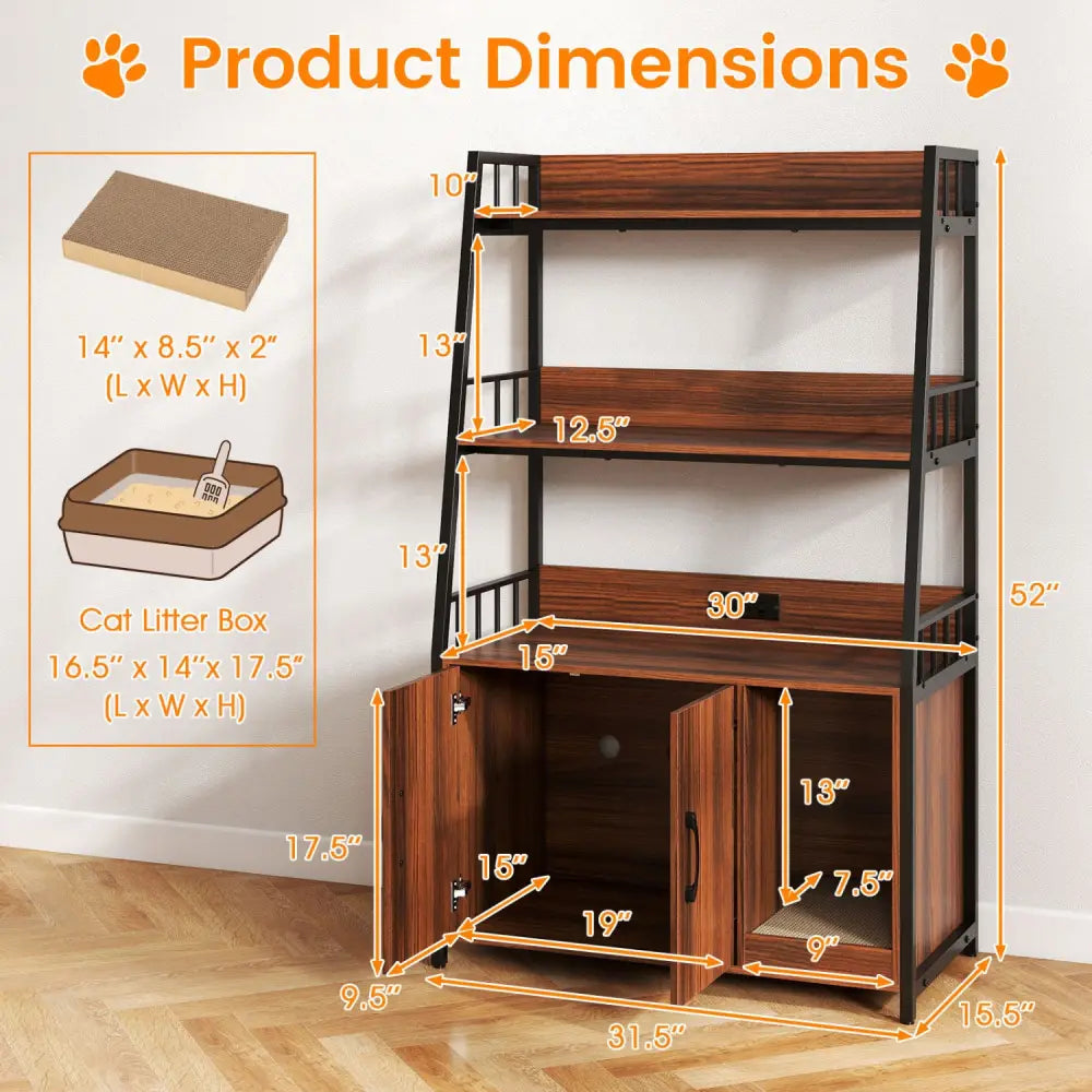 Cat Litter Box Enclosure with Storage Shelves and Scratching Pad-Walnut - Walnut - Cat Houses