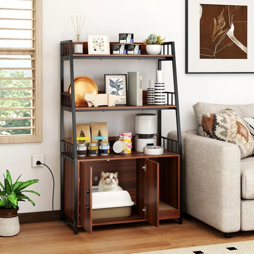 Cat Litter Box Enclosure with Storage Shelves and Scratching Pad-Walnut - Walnut - Cat Houses