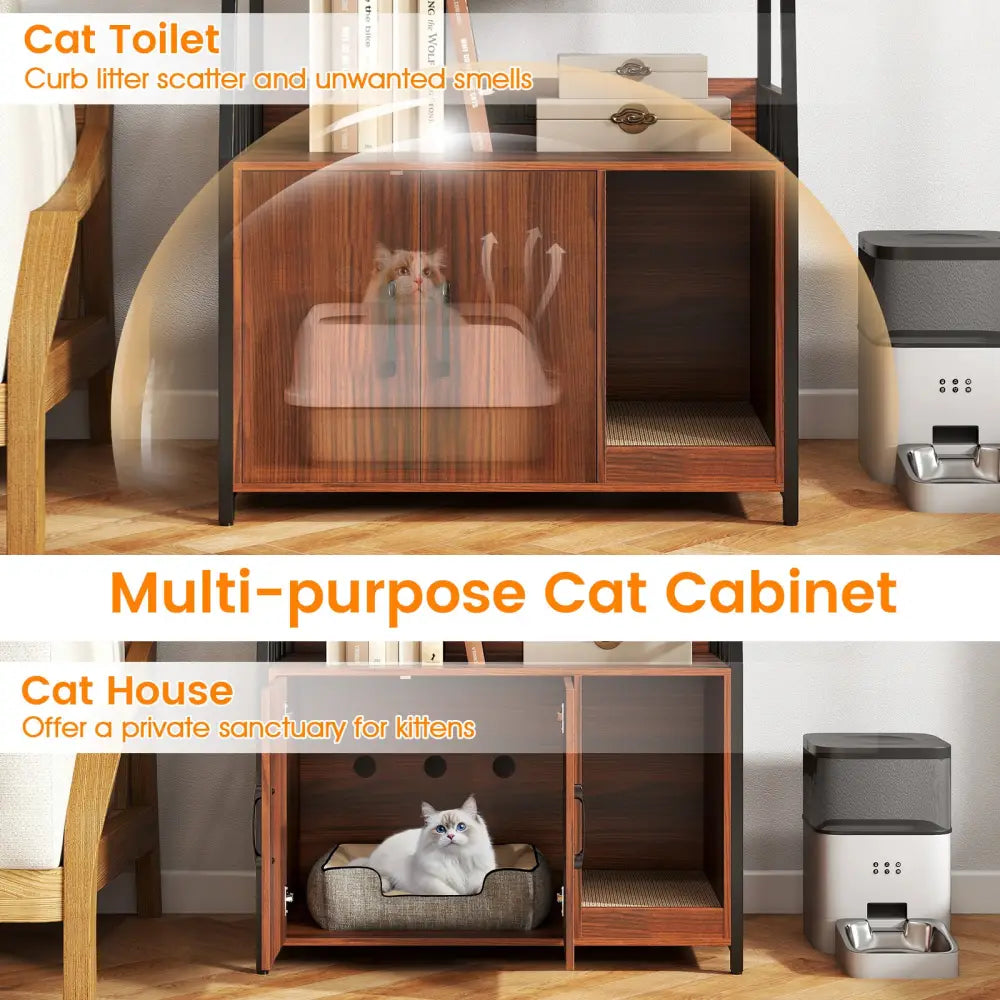 Cat Litter Box Enclosure with Storage Shelves and Scratching Pad-Walnut - Walnut - Cat Houses
