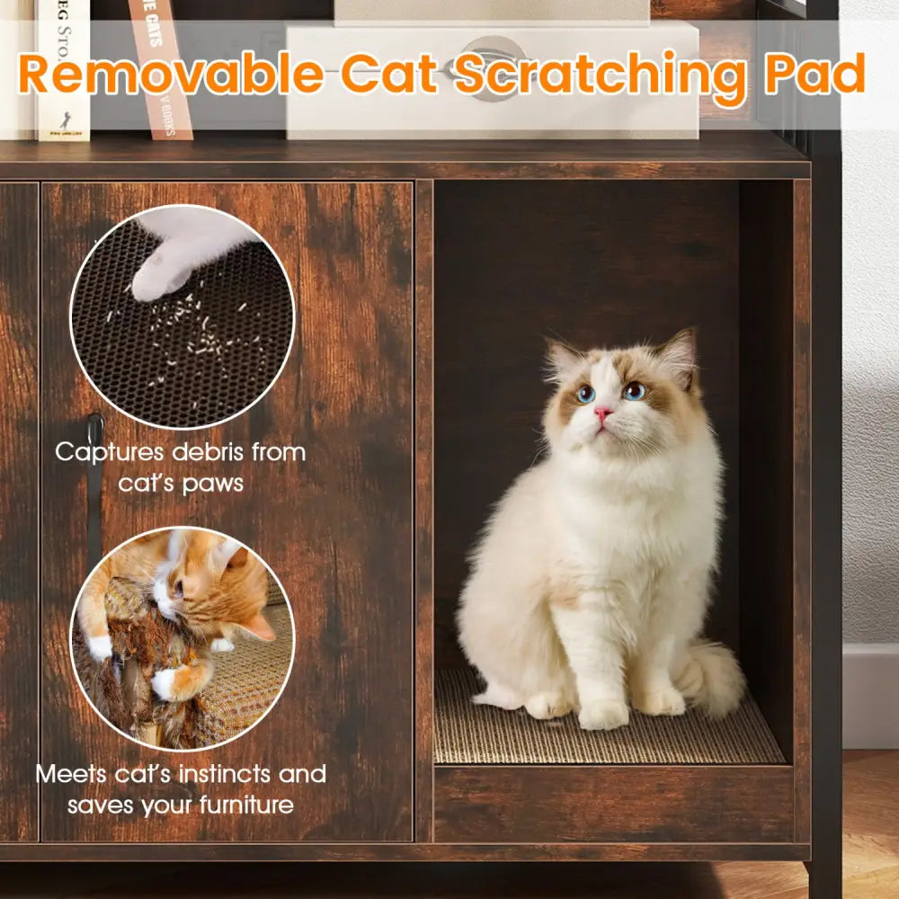 Cat Litter Box Enclosure with Storage Shelves and Scratching Pad-Rustic Brown - Rustic Brown - Cat Houses