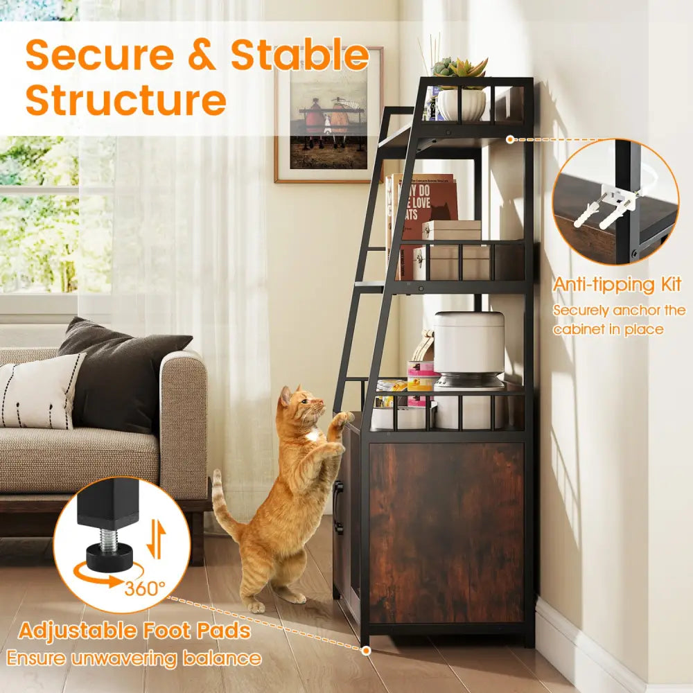 Cat Litter Box Enclosure with Storage Shelves and Scratching Pad-Rustic Brown - Rustic Brown - Cat Houses
