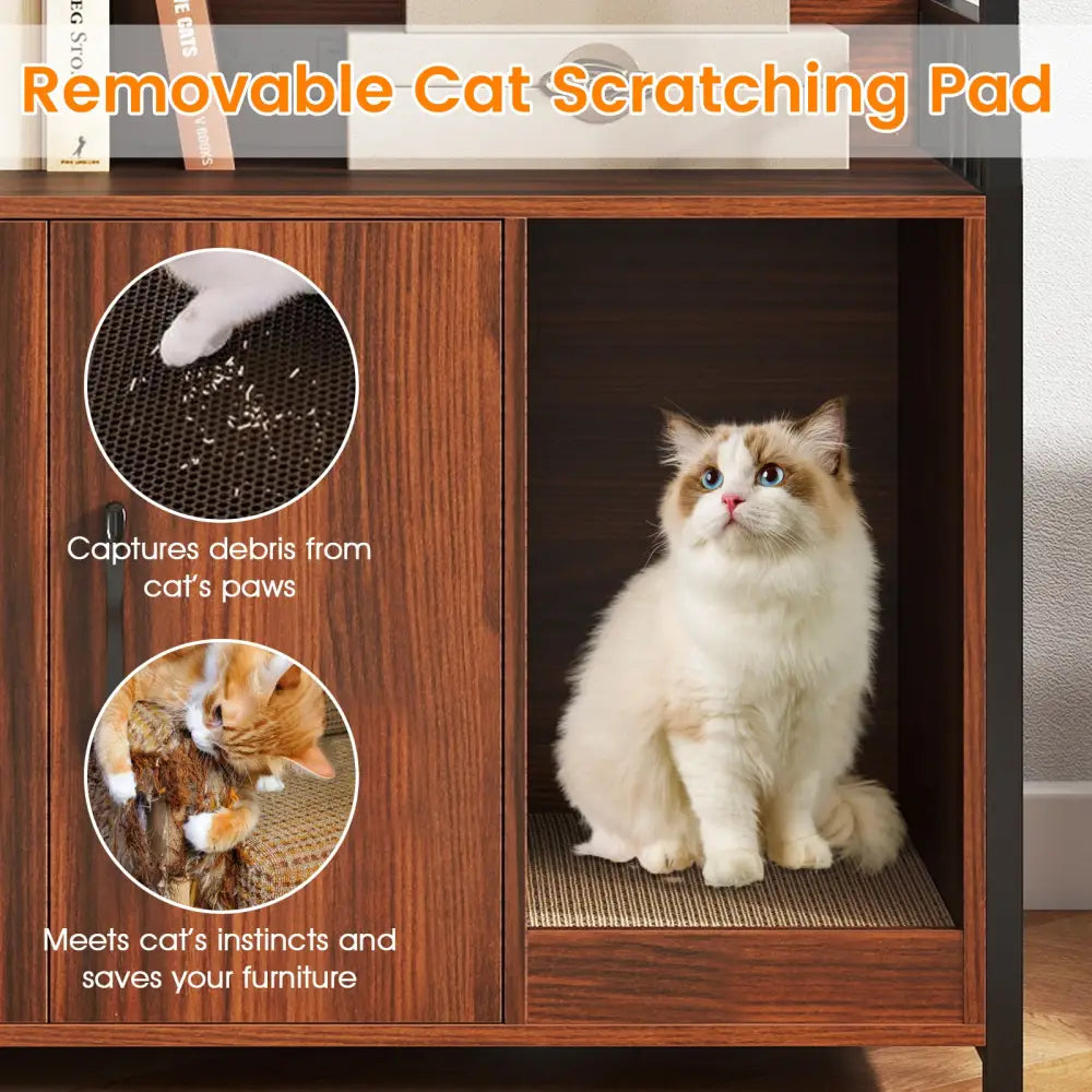 Cat Litter Box Enclosure with Storage Shelves and Scratching Pad-Walnut - Walnut - Cat Houses