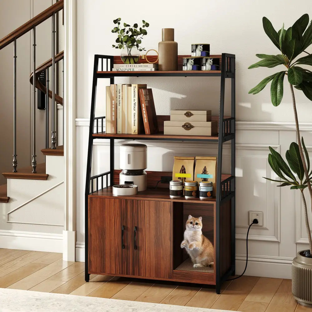 Cat Litter Box Enclosure with Storage Shelves and Scratching Pad-Walnut - Walnut - Cat Houses
