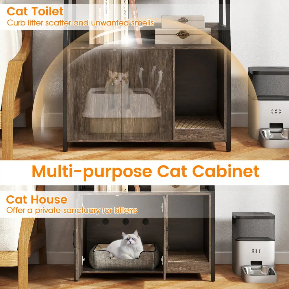 Cat Litter Box Enclosure with Storage Shelves and Scratching Pad-Gray - Gray - Cat Houses