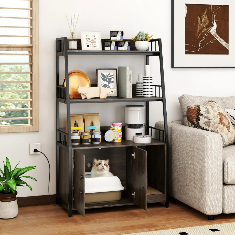 Cat Litter Box Enclosure with Storage Shelves and Scratching Pad-Gray - Gray - Cat Houses