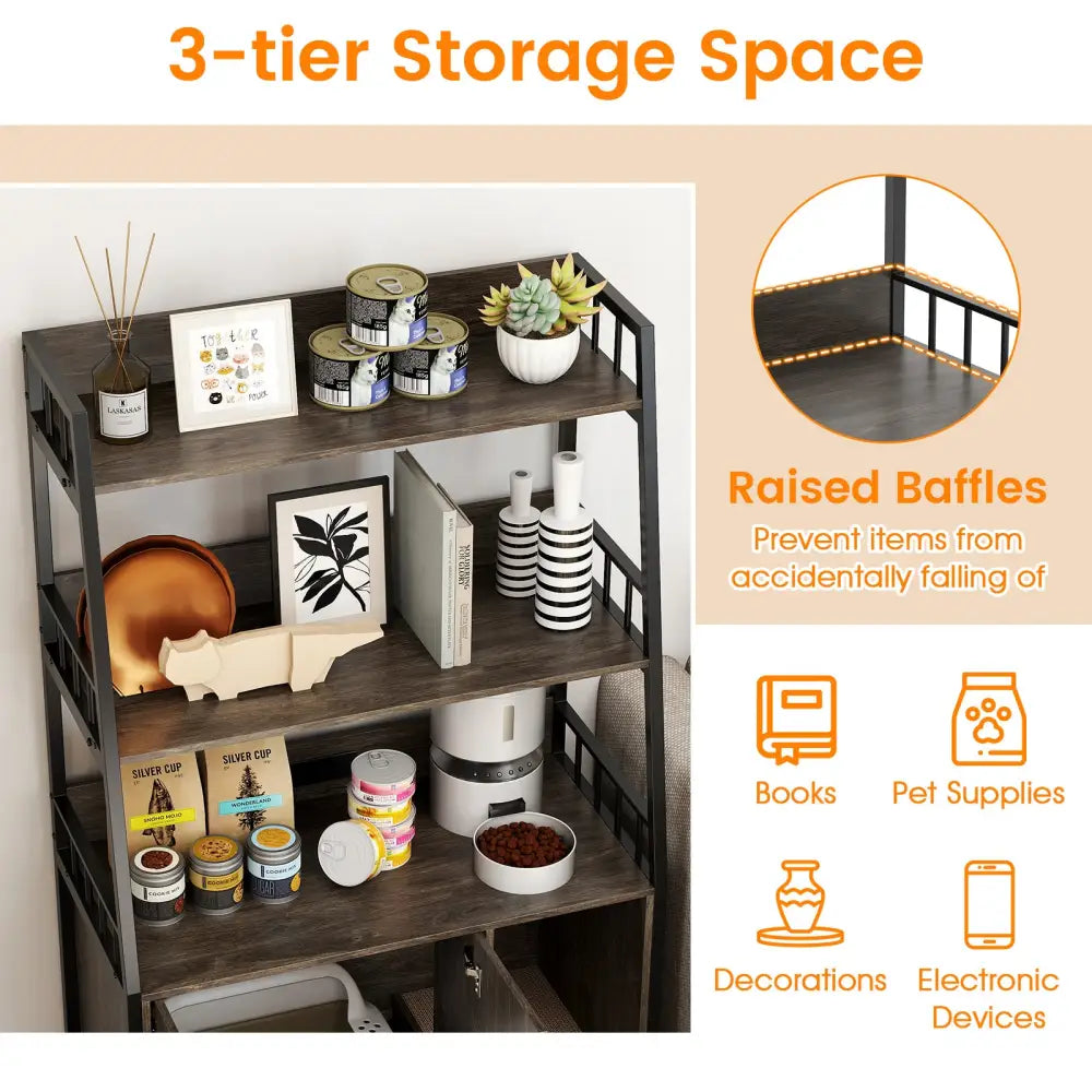 Cat Litter Box Enclosure with Storage Shelves and Scratching Pad-Gray - Gray - Cat Houses