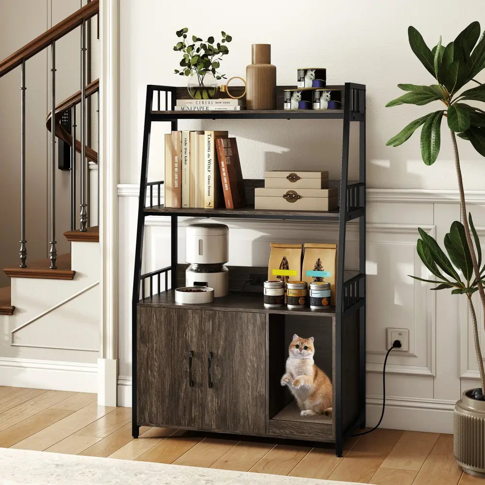 Cat Litter Box Enclosure with Storage Shelves and Scratching Pad-Gray - Gray - Cat Houses