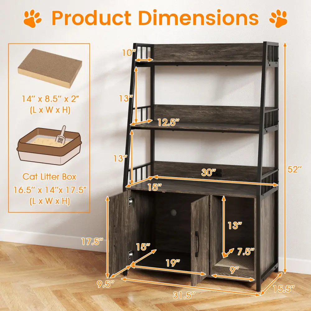 Cat Litter Box Enclosure with Storage Shelves and Scratching Pad-Gray - Gray - Cat Houses