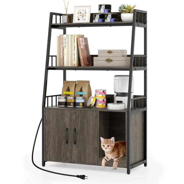 Cat Litter Box Enclosure with Storage Shelves and Scratching Pad-Gray - Gray - Cat Houses