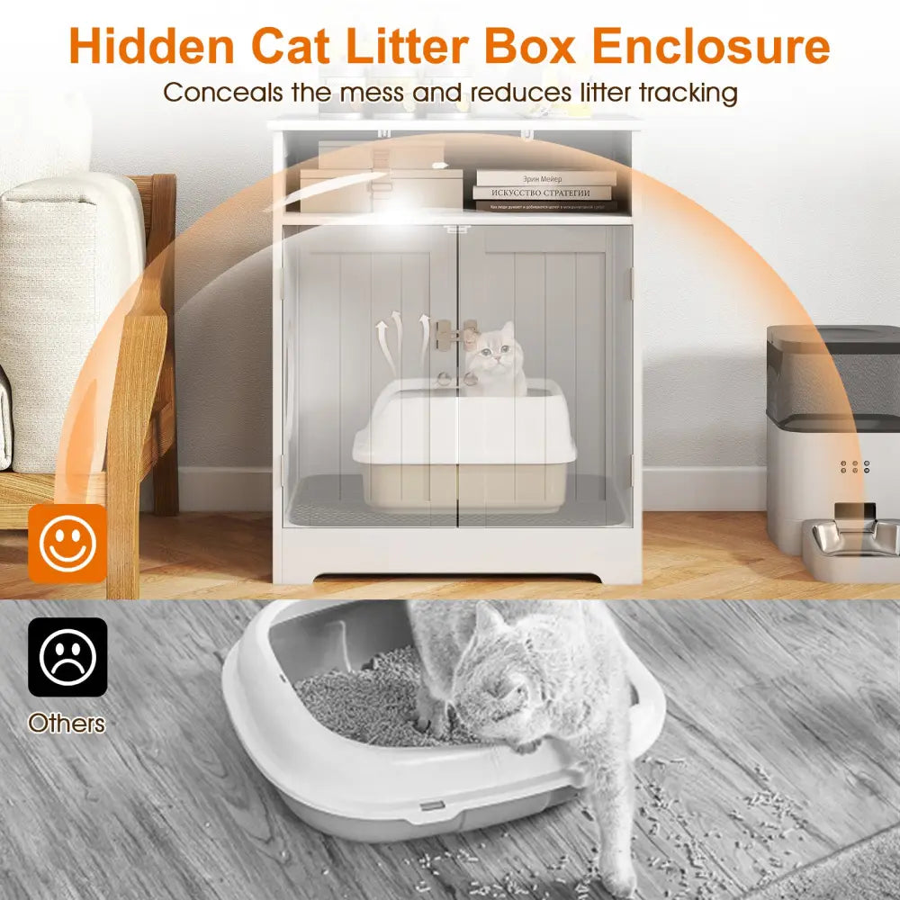 Cat Litter Box Enclosure Wooden Hidden Pet Washroom Furniture-White - White - Cat Houses