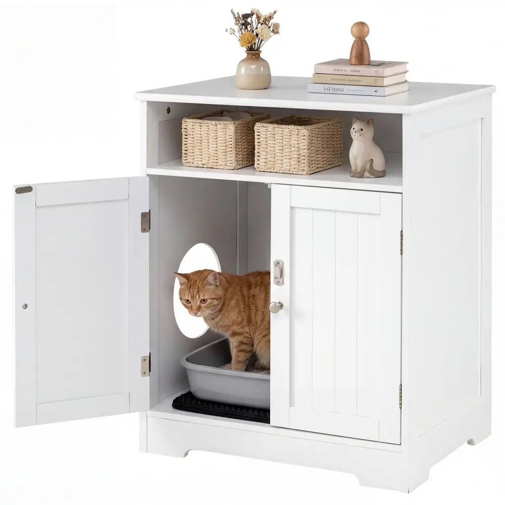 Cat Litter Box Enclosure Wooden Hidden Pet Washroom Furniture-White - White - Cat Houses