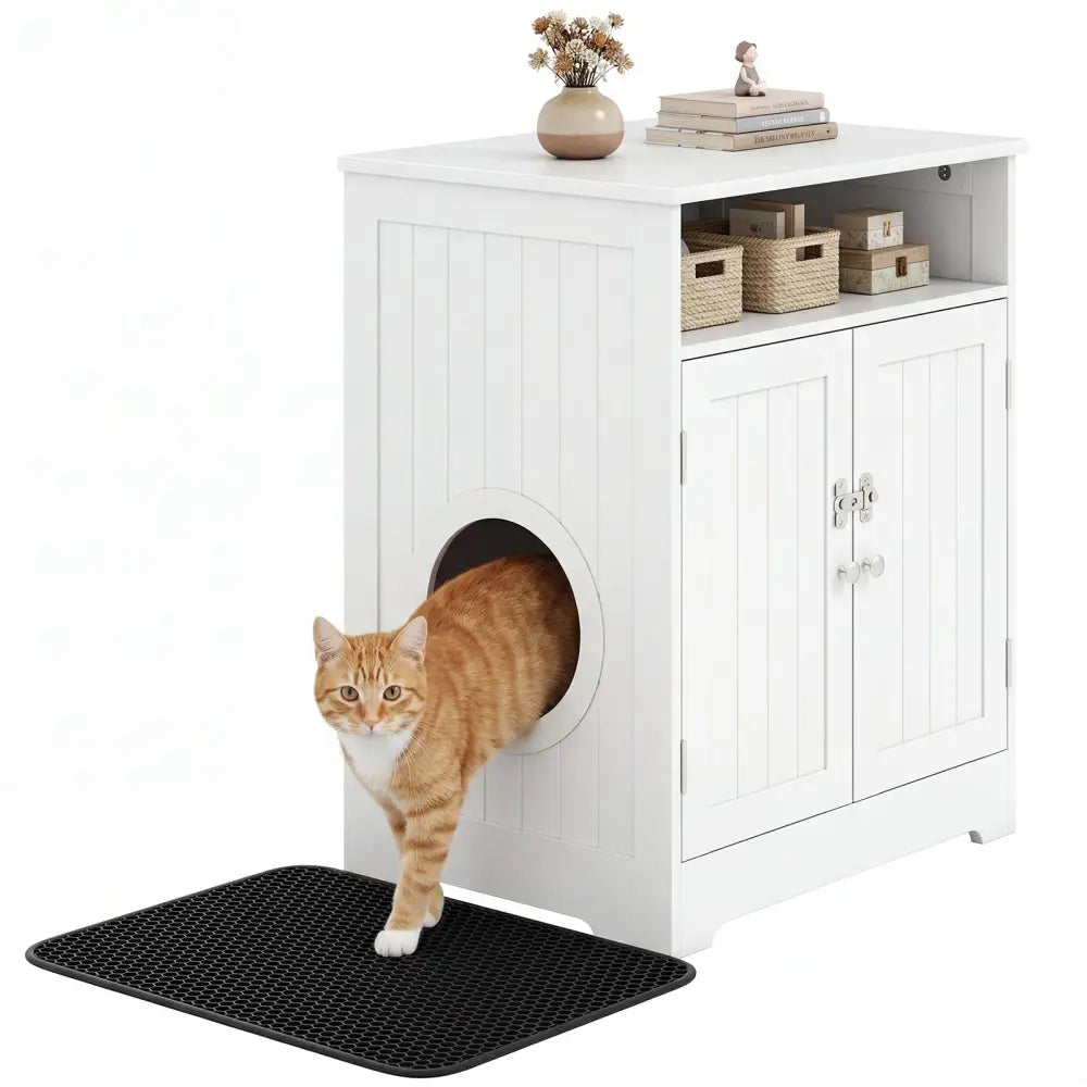 Cat Litter Box Enclosure Wooden Hidden Pet Washroom Furniture-White - White - Cat Houses