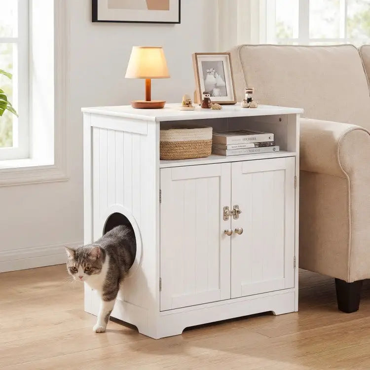 Cat Litter Box Enclosure Wooden Hidden Pet Washroom Furniture-White - White - Cat Houses