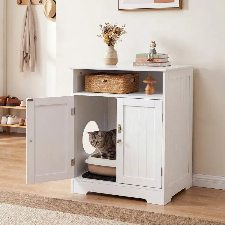 Cat Litter Box Enclosure Wooden Hidden Pet Washroom Furniture-White - White - Cat Houses