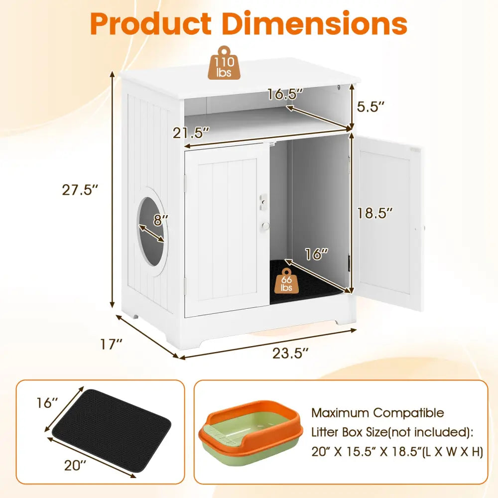 Cat Litter Box Enclosure Wooden Hidden Pet Washroom Furniture-White - White - Cat Houses