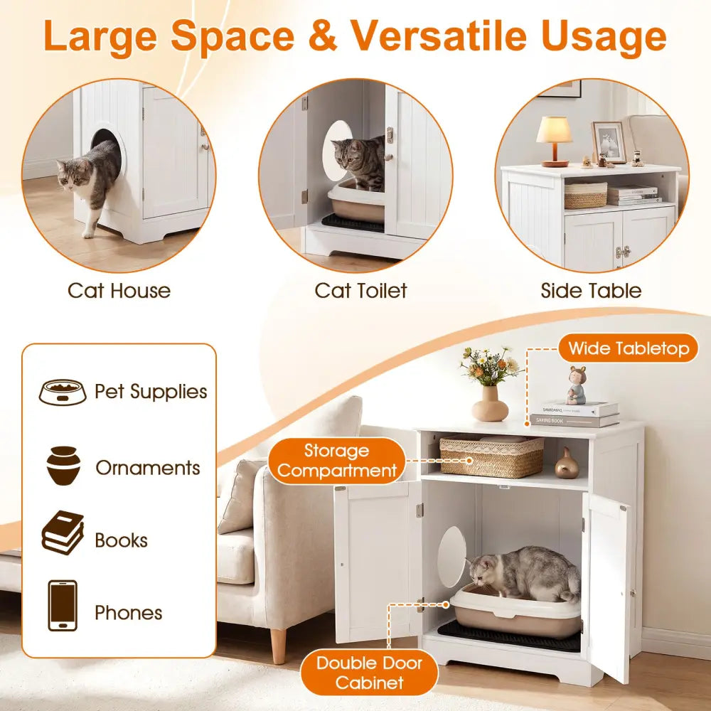 Cat Litter Box Enclosure Wooden Hidden Pet Washroom Furniture-White - White - Cat Houses