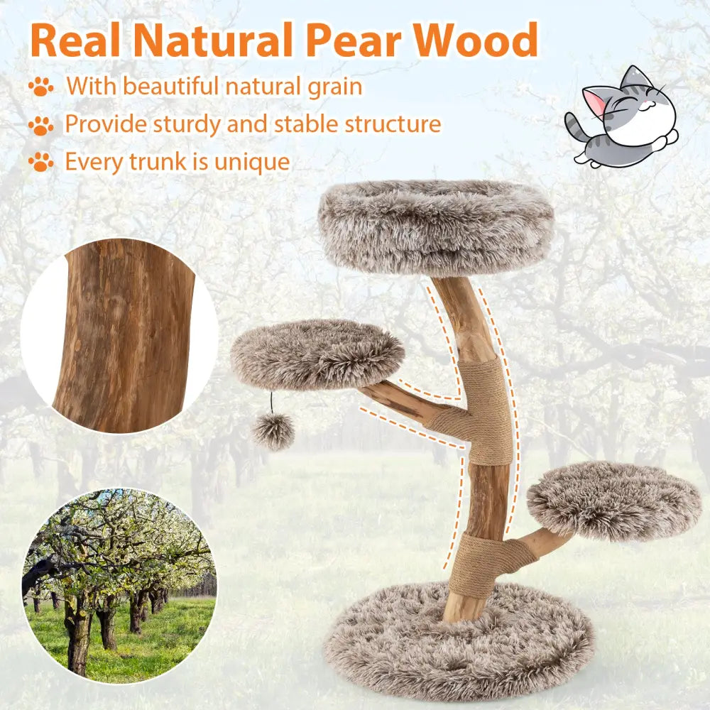 Cat Tree Solid Pear Wood with Perch and Natural Jute Scratching Posts-Brown - Brown - Cat Trees Condos & Scratchers