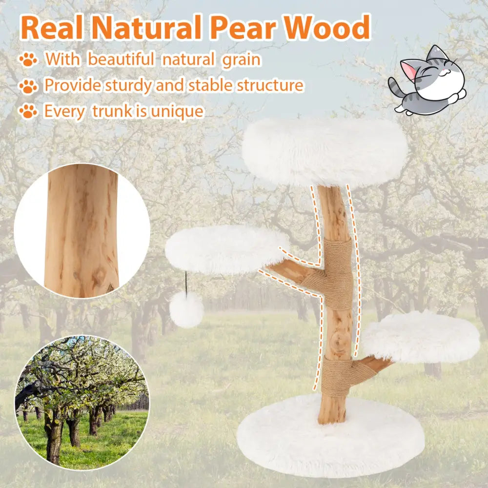 Cat Tree Solid Pear Wood with Perch and Natural Jute Scratching Posts-White - White - Cat Trees Condos & Scratchers
