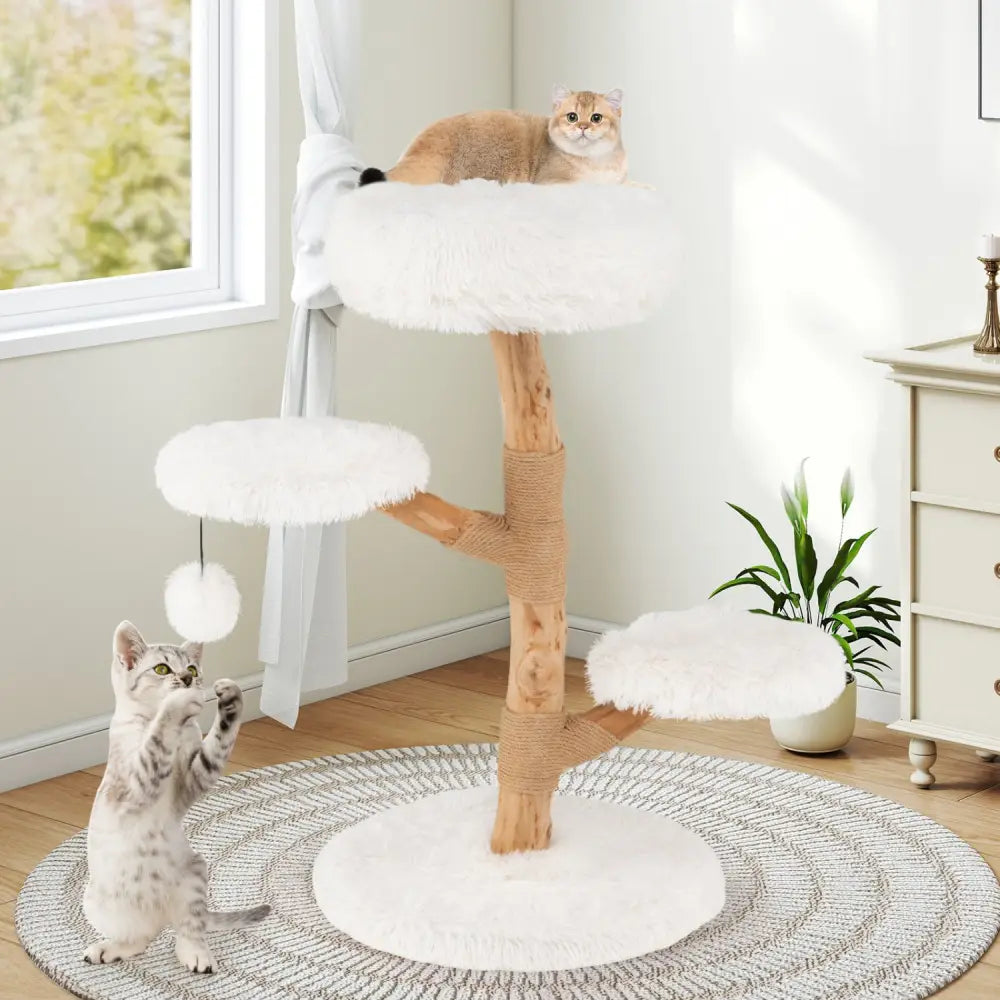 Cat Tree Solid Pear Wood with Perch and Natural Jute Scratching Posts-White - White - Cat Trees Condos & Scratchers