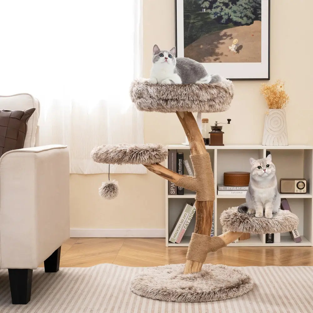 Cat Tree Solid Pear Wood with Perch and Natural Jute Scratching Posts-Brown - Brown - Cat Trees Condos & Scratchers
