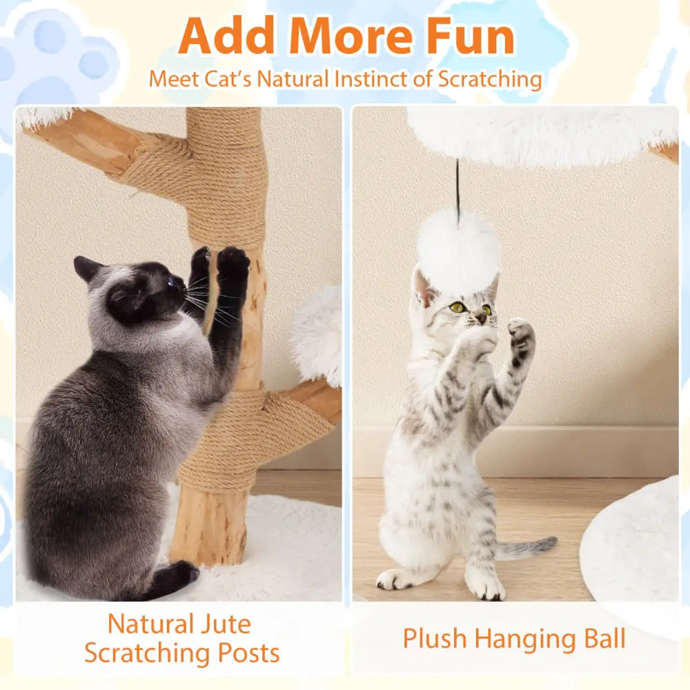 Cat Tree Solid Pear Wood with Perch and Natural Jute Scratching Posts-White - White - Cat Trees Condos & Scratchers